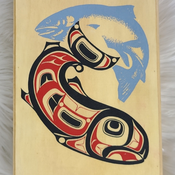 Vintage Box Wood Art Eclectic Hand Painted Alaskan Fish Decorative Accent Piece - Picture 2 of 5